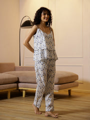 White Floral Printed Night Suit Set