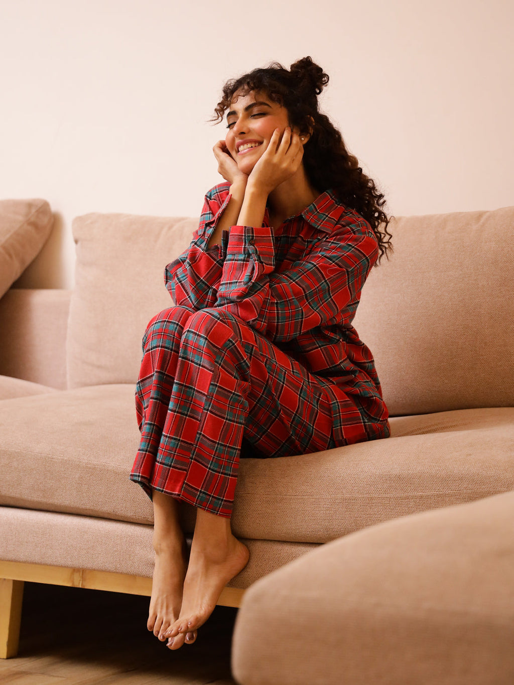 Red Checks Cashmere Winter Loungewear Set - SanskrutiHomes 