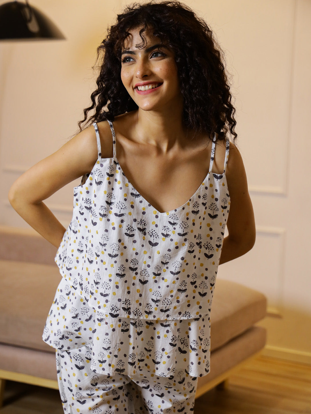 White Floral Printed Night Suit Set - SanskrutiHomes 