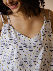 White Floral Printed Night Suit Set