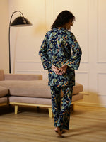 Blue Floral Printed V-Neck Cotton Night Suit - SanskrutiHomes 