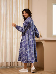 Blue Flower Print Dress for Women - SanskrutiHomes 