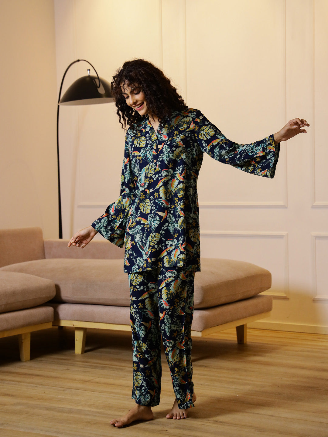 Blue Floral Printed V-Neck Cotton Night Suit - SanskrutiHomes 