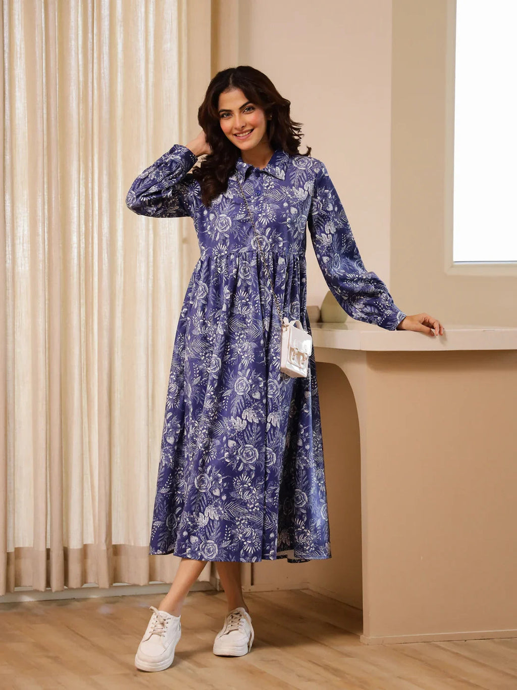 Blue Flower Print Dress for Women - SanskrutiHomes 