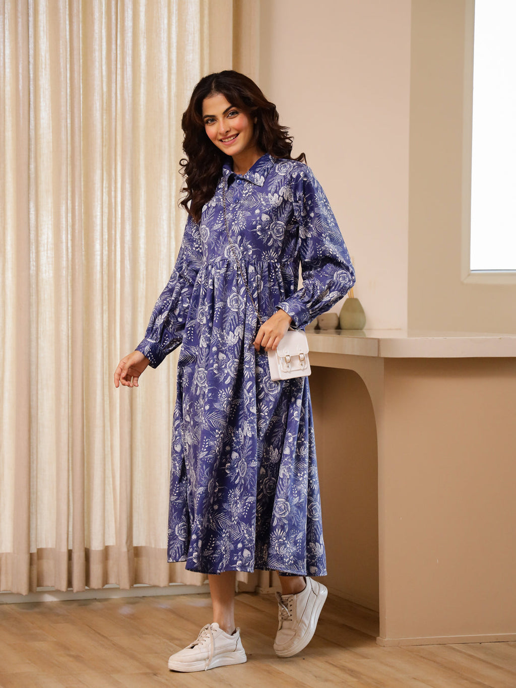 Blue Flower Print Dress for Women - SanskrutiHomes 