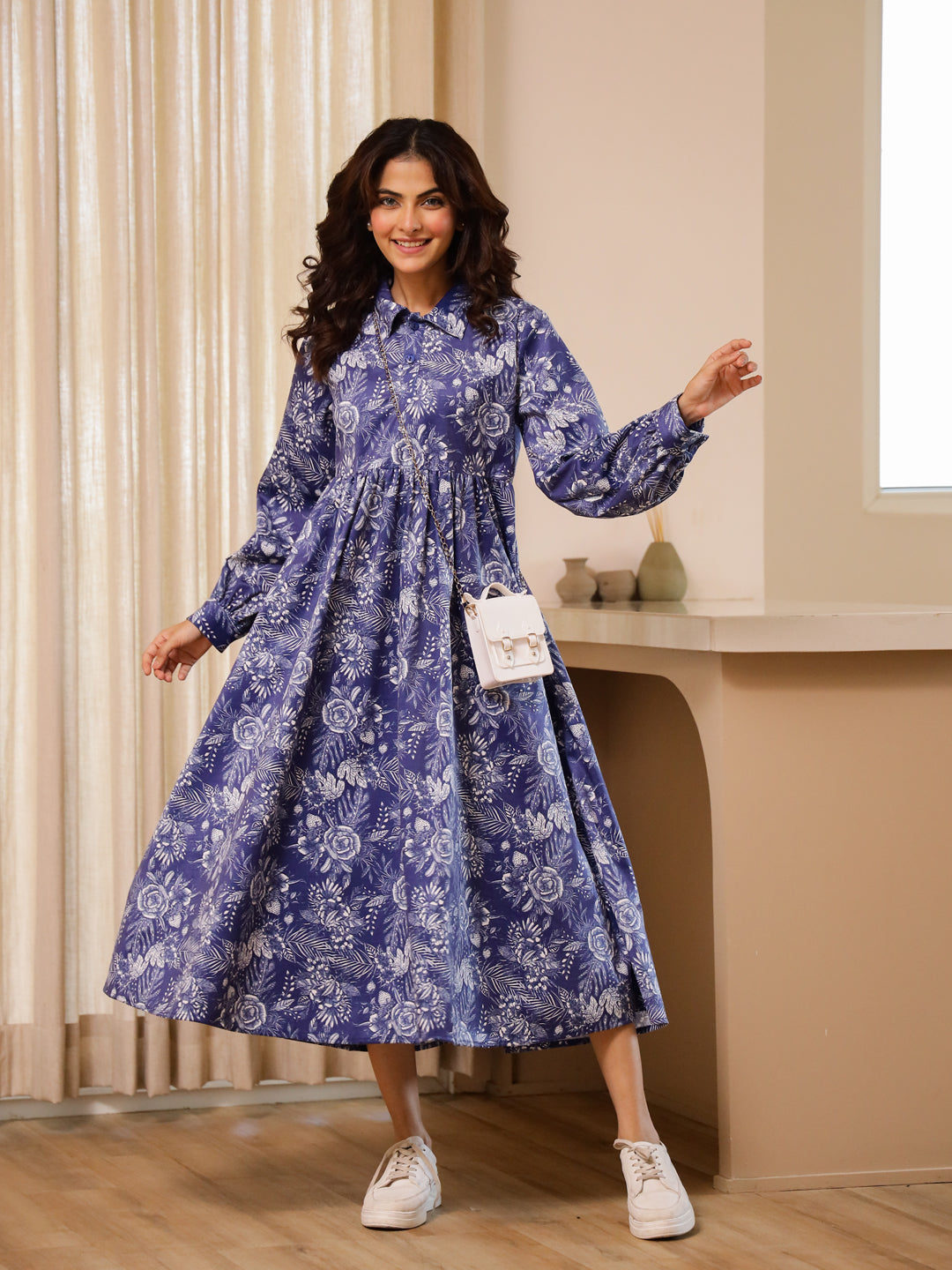 Blue Flower Print Dress For Women