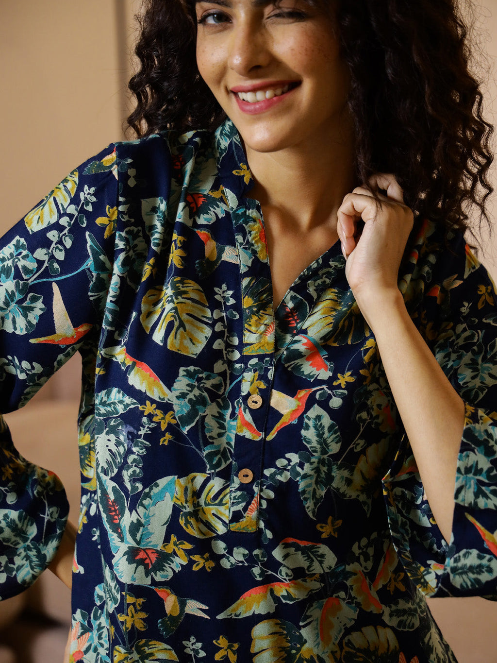 Blue Floral Printed V-Neck Cotton Night Suit - SanskrutiHomes 