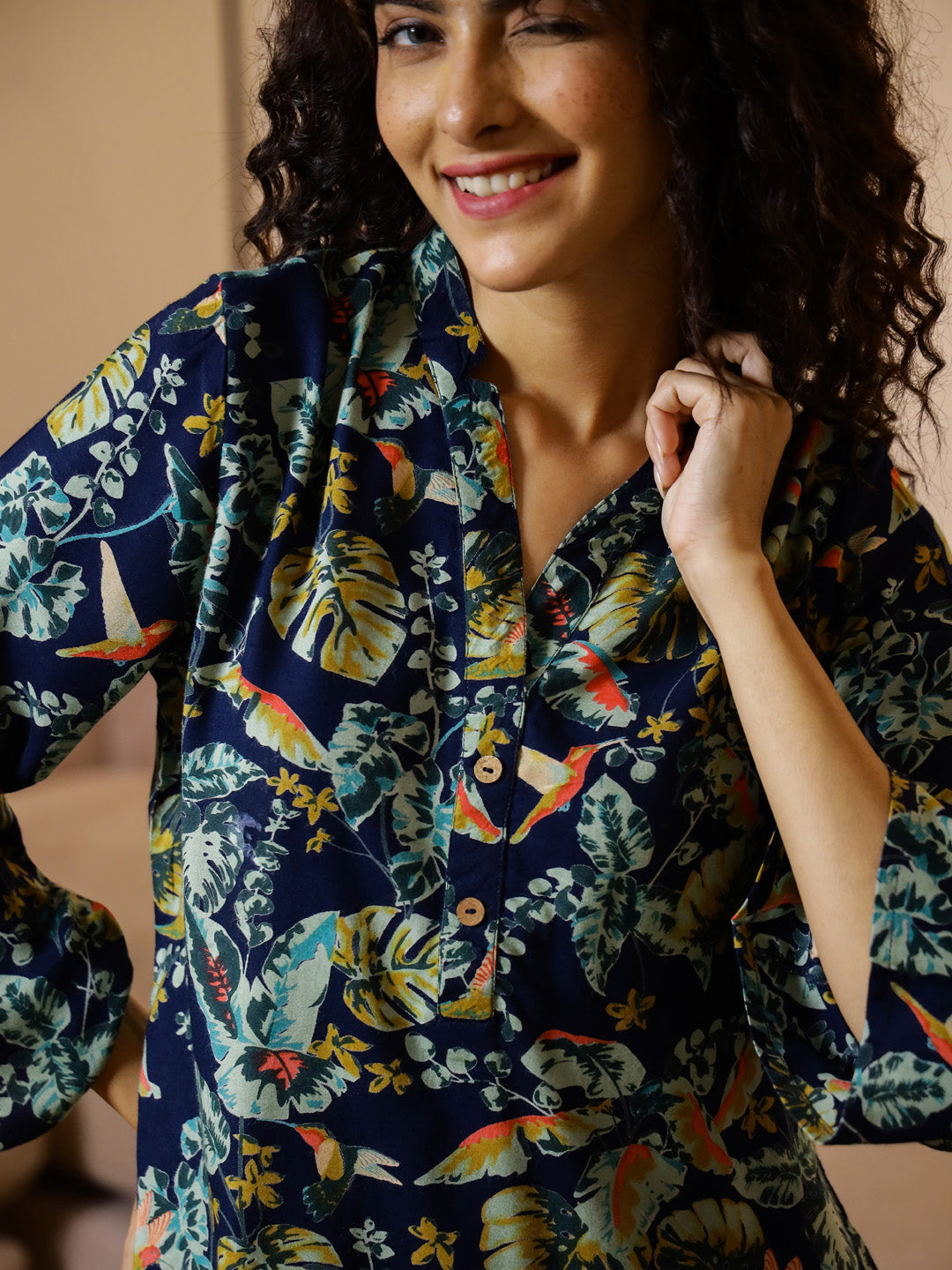 Blue Floral Printed V-Neck Cotton Night Suit - SanskrutiHomes 