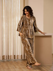 Brown Crush Velvet Night Suit for Women - SanskrutiHomes 