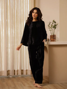 Black Velvet Night Suit for Women - SanskrutiHomes 