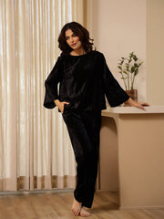 Black Velvet Night Suit for Women - SanskrutiHomes 