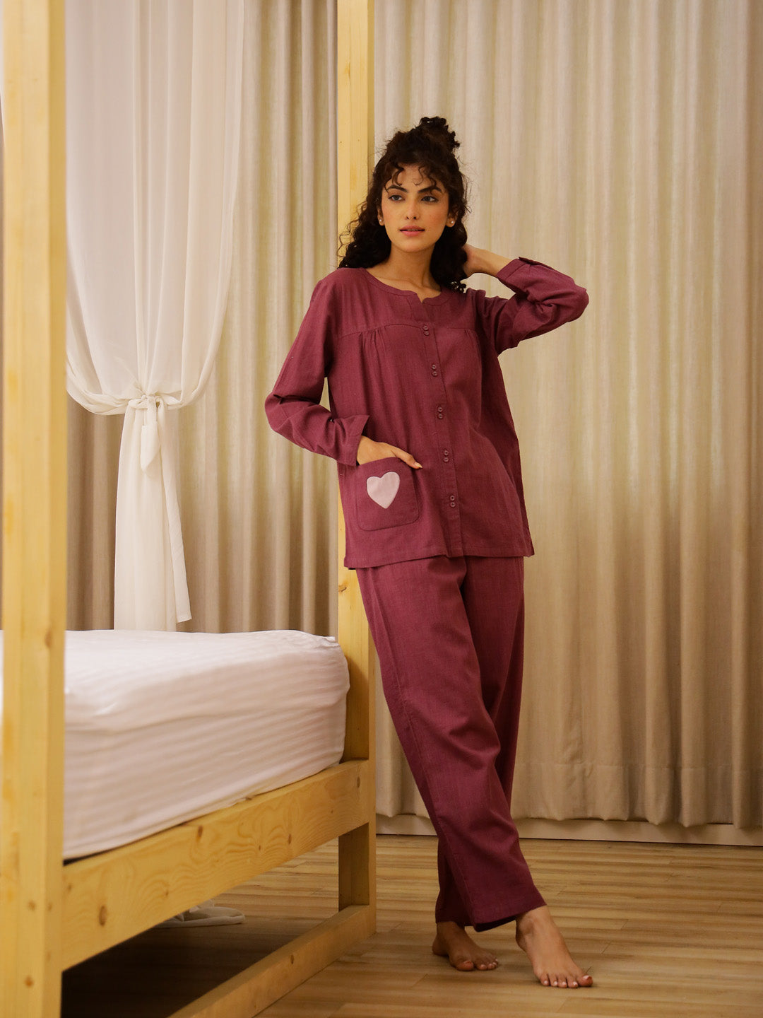 Maroon Solid Round Neck Night Suit Set For Women