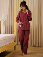 Maroon Solid Round Neck Night Suit Set for Women - SanskrutiHomes 