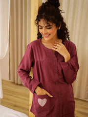 Maroon Solid Round Neck Night Suit Set for Women - SanskrutiHomes 