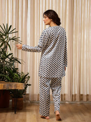 Flower Printed velvet V Neck Winter Loungewear Set - SanskrutiHomes 