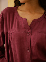 Maroon Solid Round Neck Night Suit Set For Women