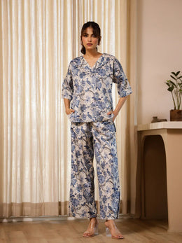 Blue Flower Printed Velvet Co-ord Set - SanskrutiHomes 