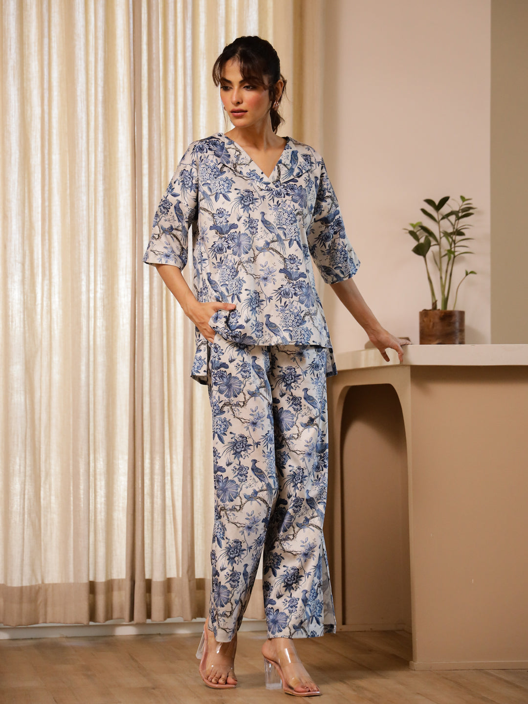Blue Flower Printed Velvet Co-ord Set - SanskrutiHomes 