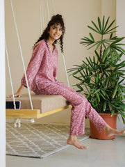 Pink Flower V-Neck Night Suit Set For Women