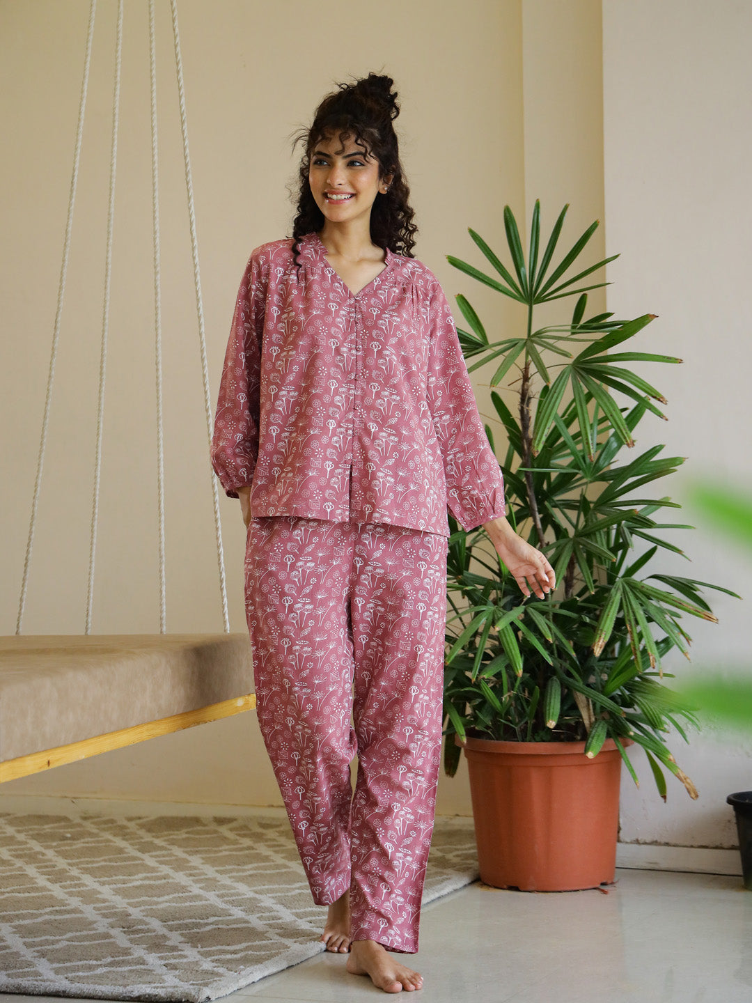 Pink Flower V-Neck Night Suit Set For Women