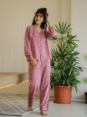 Pink Flower V-Neck Night Suit Set for Women - SanskrutiHomes 