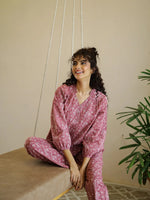 Pink Flower V-Neck Night Suit Set for Women - SanskrutiHomes 