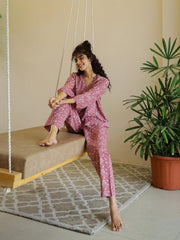 Pink Flower V-Neck Night Suit Set For Women