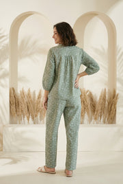 Green V-Neck Floral Print Cotton Night Suit For Women