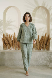 Green V-Neck Floral Print Cotton Night Suit For Women