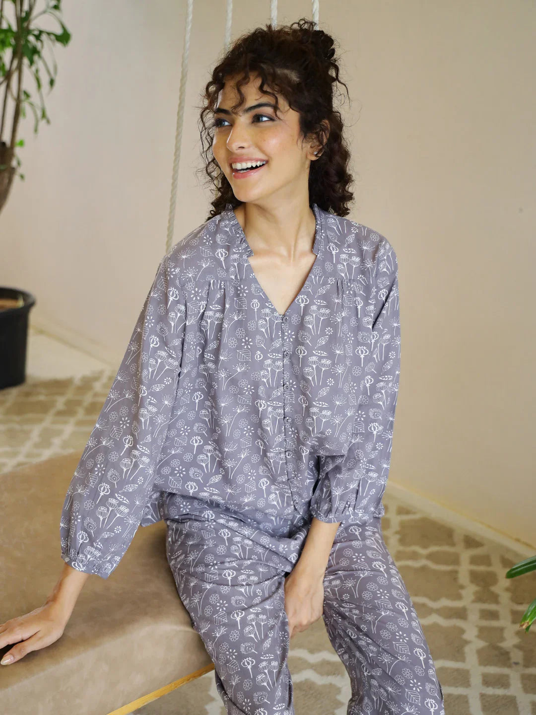 Grey Cotton Night Suit Set for Women - SanskrutiHomes 