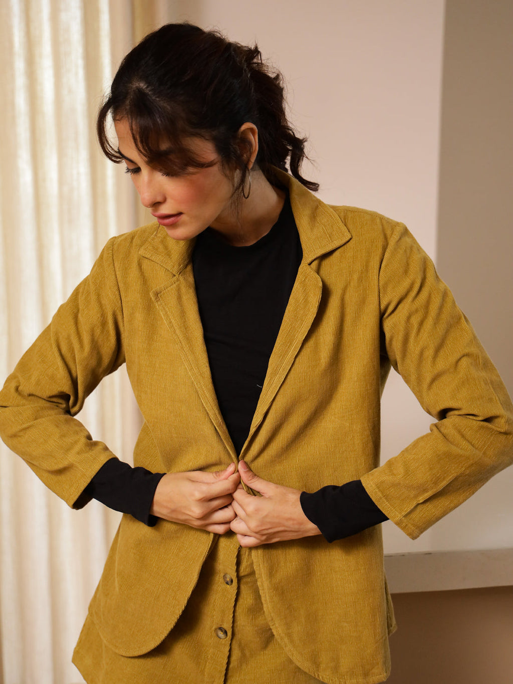 Yellow Solid COURDROY Print Co-ords Set with Skirt - SanskrutiHomes 