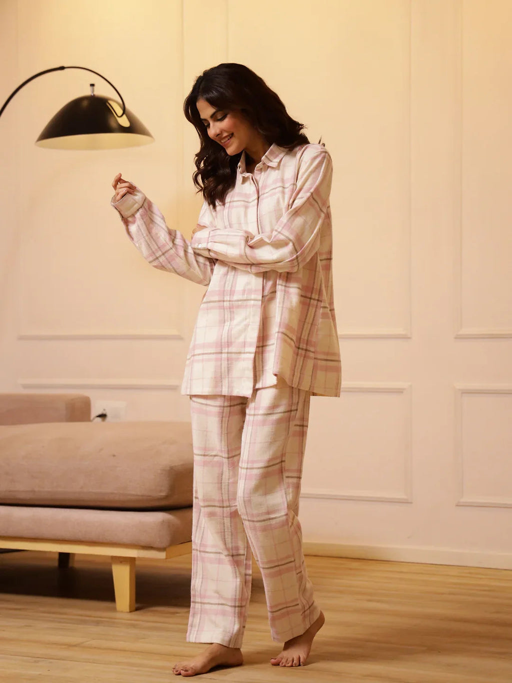 Pink Checks Cashmere Winter Loungewear Set - SanskrutiHomes 