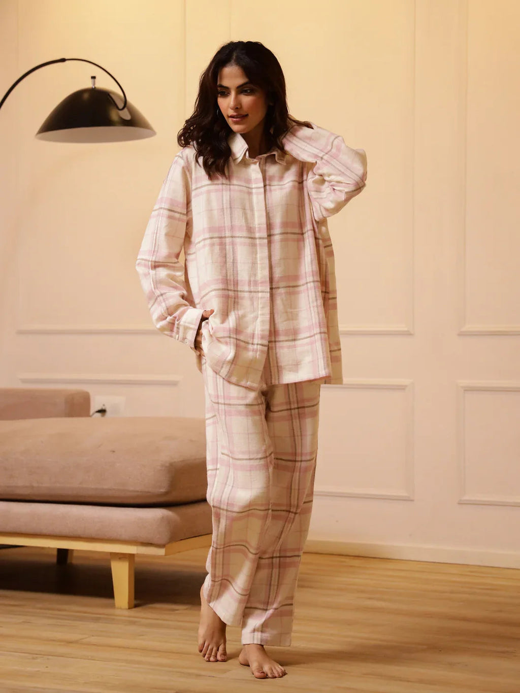 Pink Checks Cashmere Winter Loungewear Set - SanskrutiHomes 