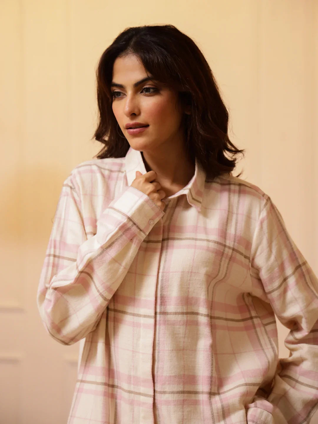 Pink Checks Cashmere Winter Loungewear Set - SanskrutiHomes 