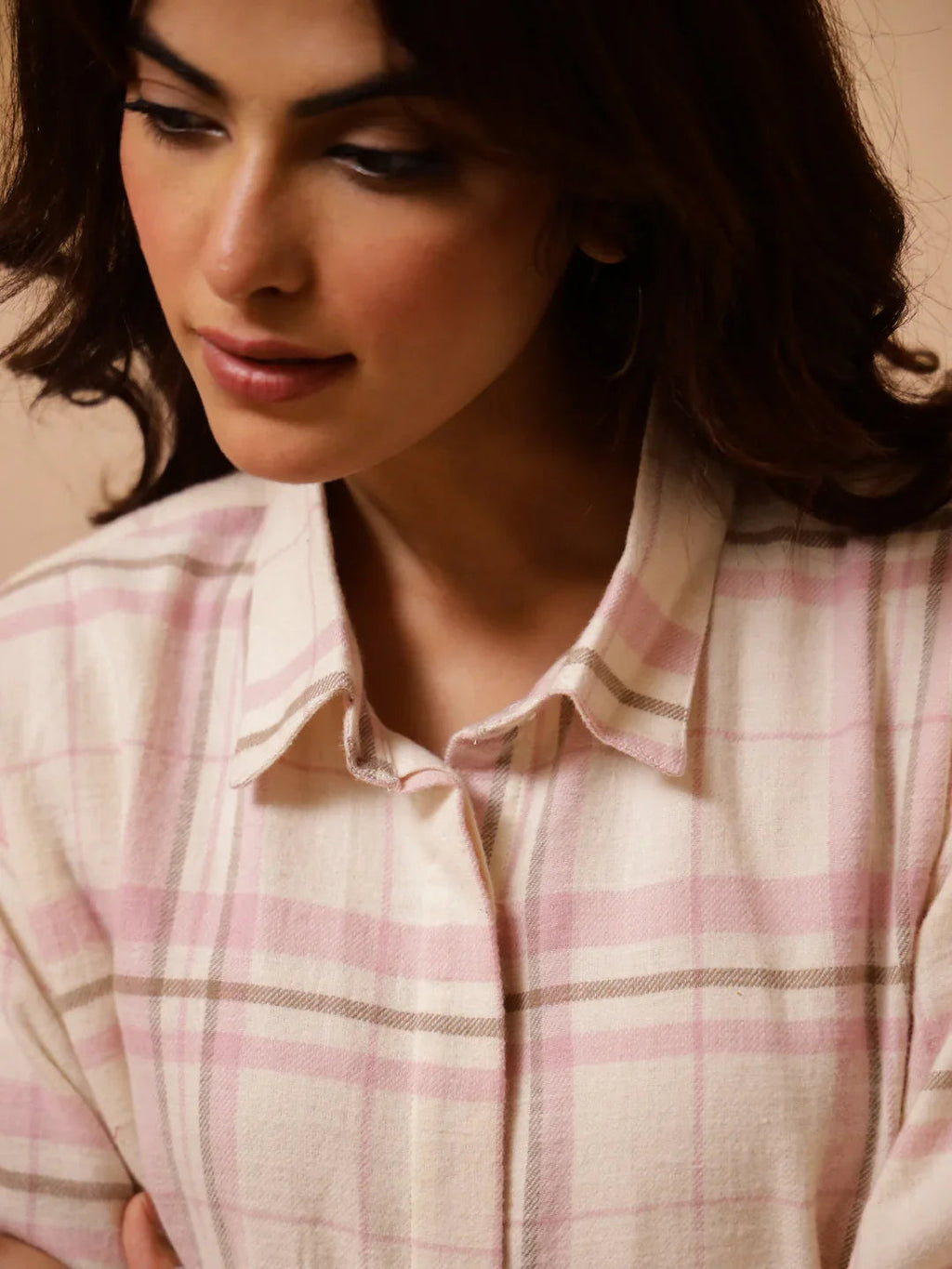 Pink Checks Cashmere Winter Loungewear Set - SanskrutiHomes 