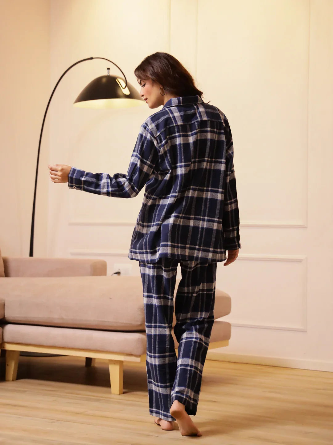 Blue Checks Cashmere Winter Loungewear Set - SanskrutiHomes 