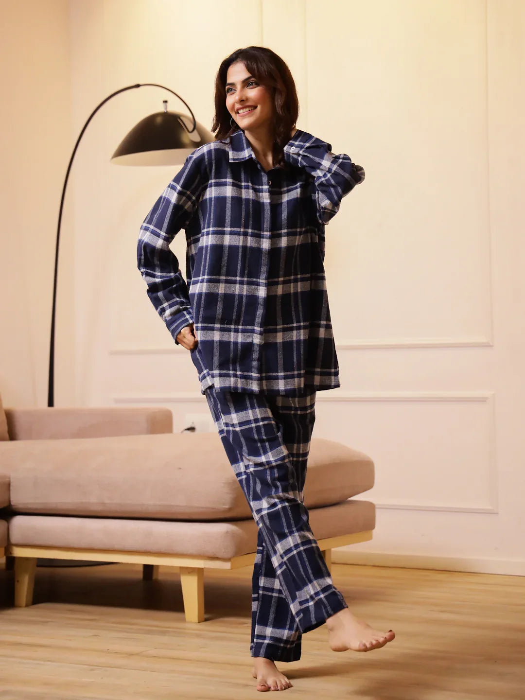 Blue Checks Cashmere Winter Loungewear Set - SanskrutiHomes 