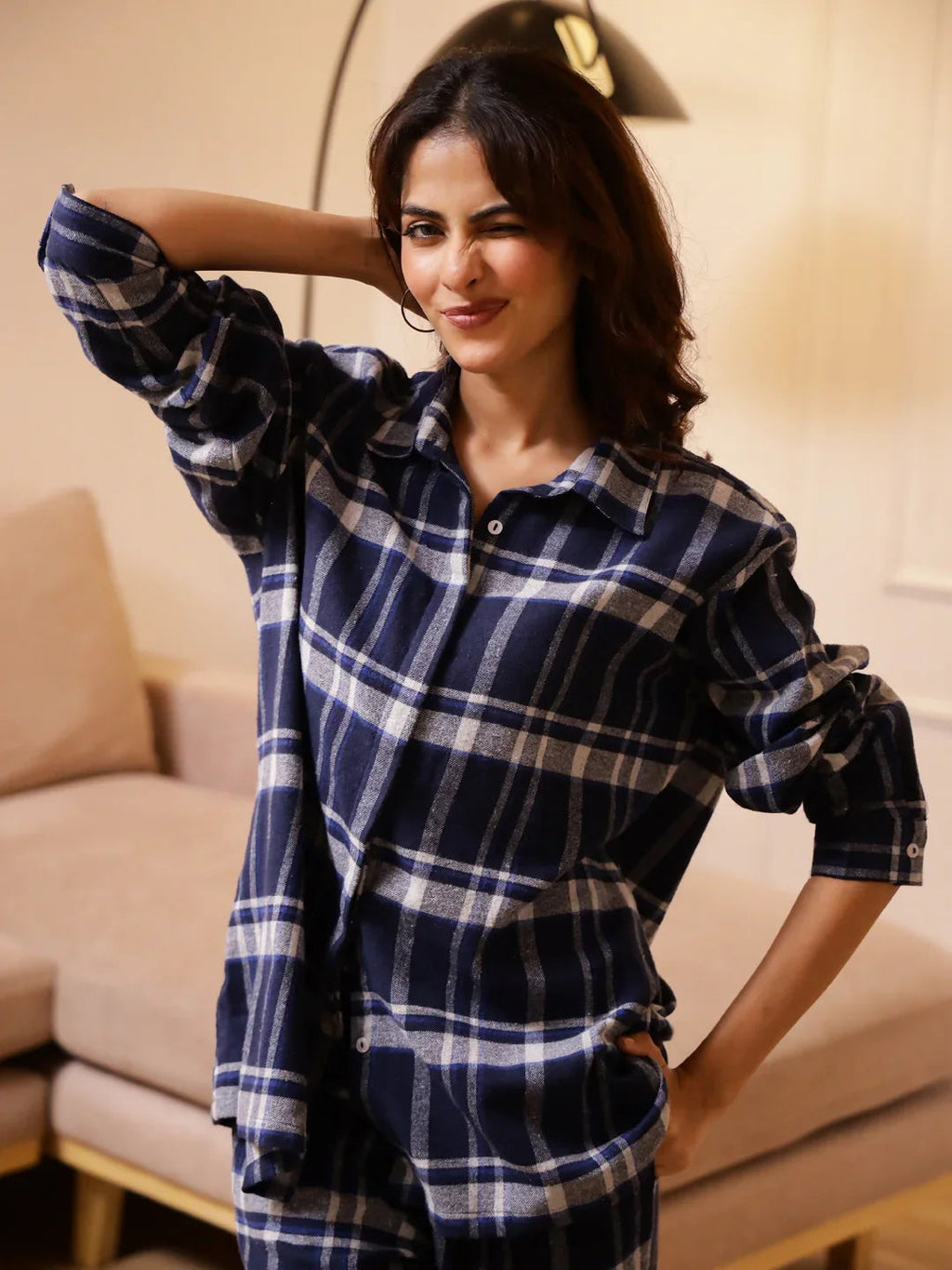 Blue Checks Cashmere Winter Loungewear Set - SanskrutiHomes 
