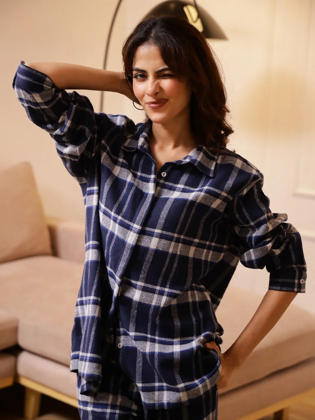 Blue Checks Cashmere Winter Loungewear Set - SanskrutiHomes 