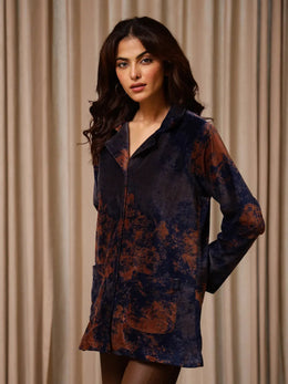 Blue Printed Velvet Jacket for Women - SanskrutiHomes 