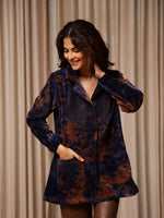 Blue Printed Velvet Jacket for Women - SanskrutiHomes 