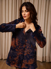 Blue Printed Velvet Jacket for Women - SanskrutiHomes 