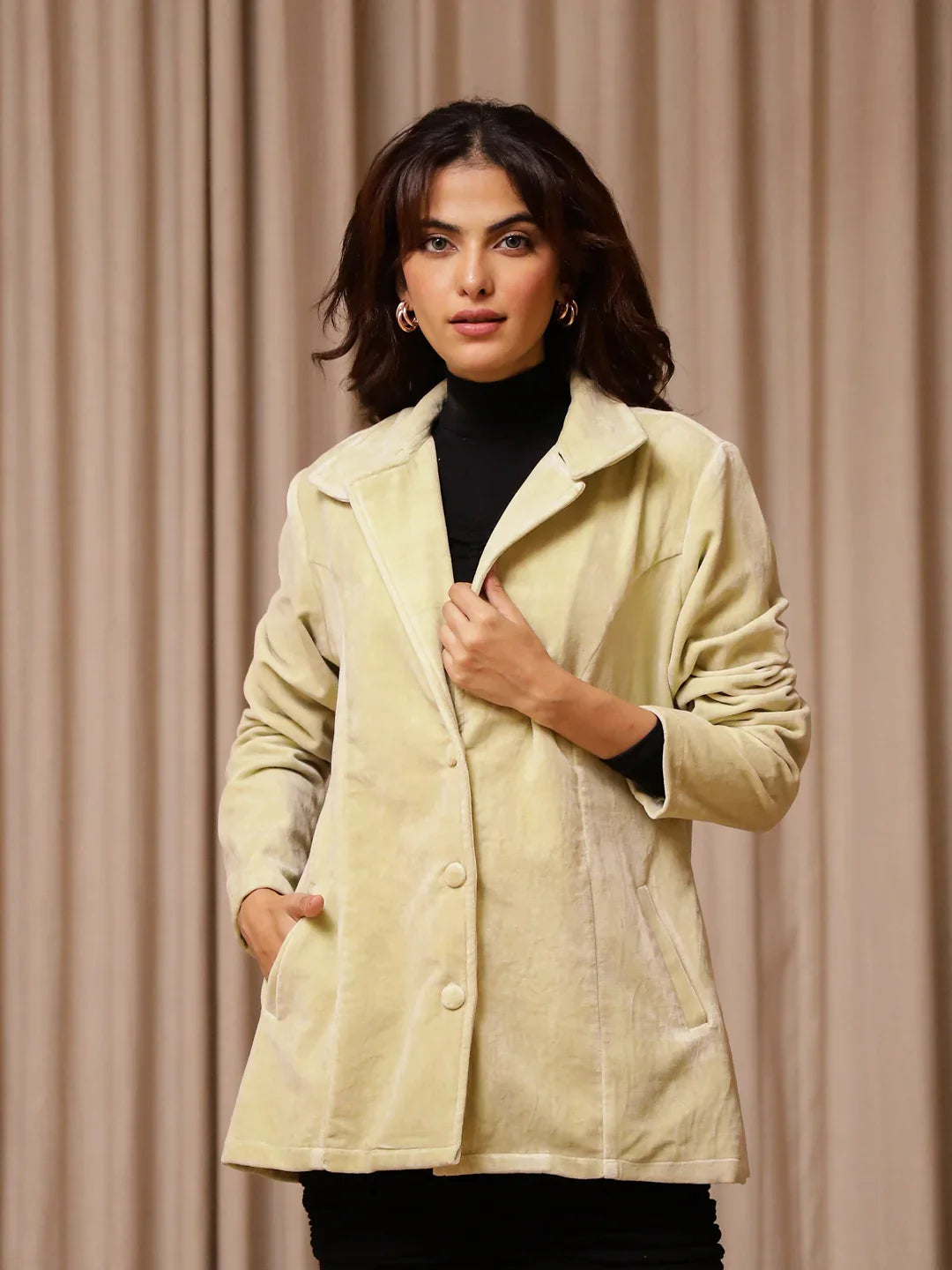 Yellow Solid Print Velvet Jacket for Women - SanskrutiHomes 