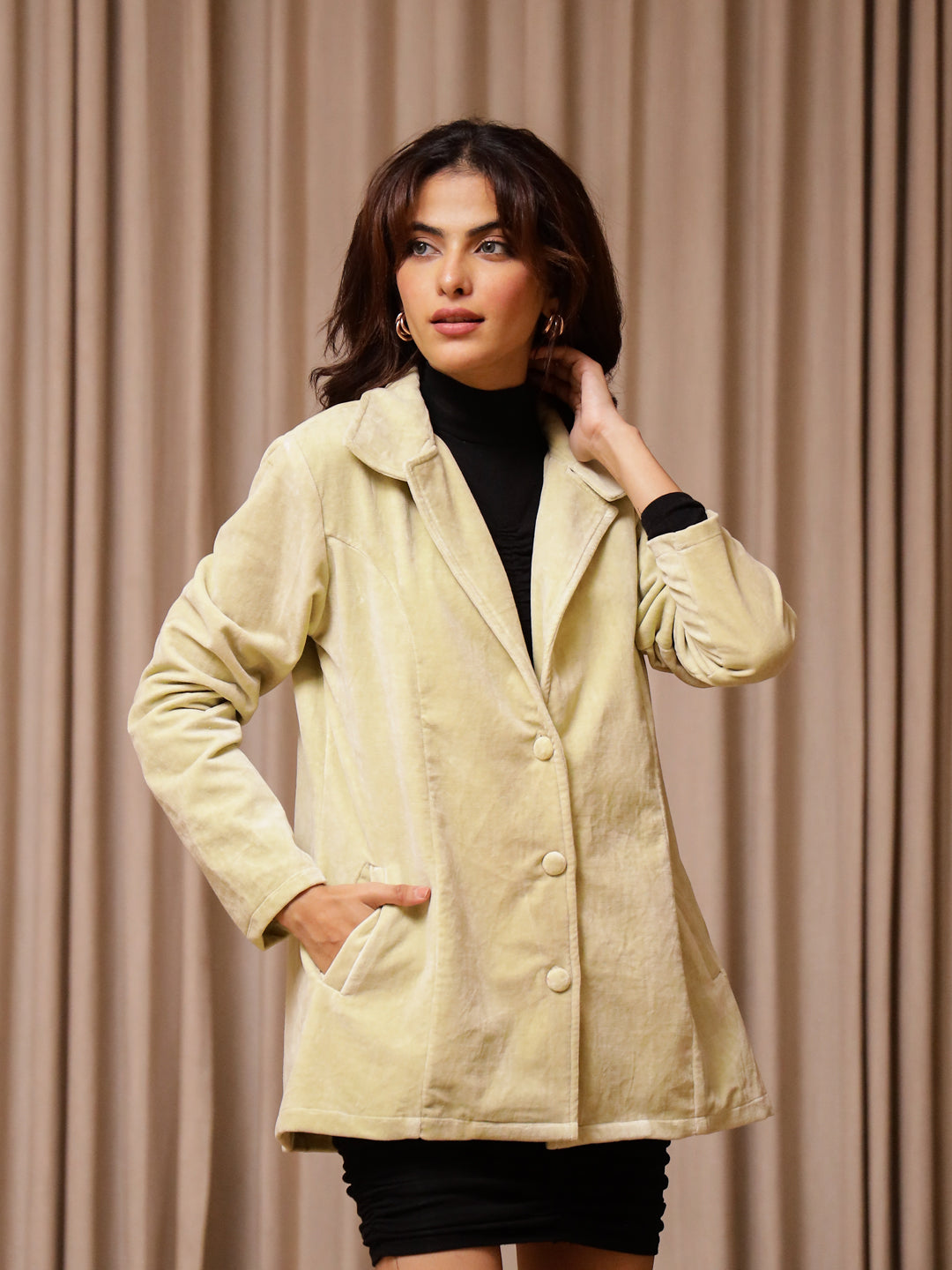 Yellow Solid Print Velvet Jacket for Women - SanskrutiHomes 