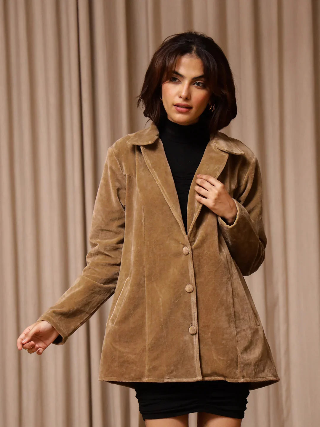 Brown Solid Print Velvet Jacket for Women - SanskrutiHomes 