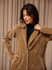 Brown Solid Print Velvet Jacket for Women - SanskrutiHomes 