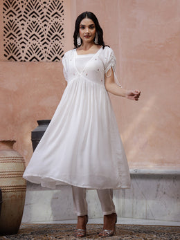 Off White V-Neck Straight Solid Kurta Set For Women