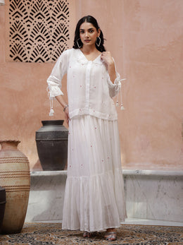 Off White V-Neck Solid A-Line Kurta Set For Women