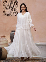 Off White V-Neck Solid A-Line Kurta Set For Women