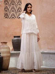 Off White V-Neck Solid A-Line Kurta Set For Women